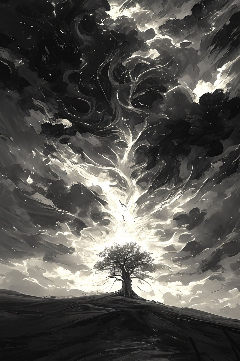 noche oscura y brillante luz de la luna épica cinematográfica y dramática nubes de tormenta y un árbol, decoración de la pared de F. Abderrahim