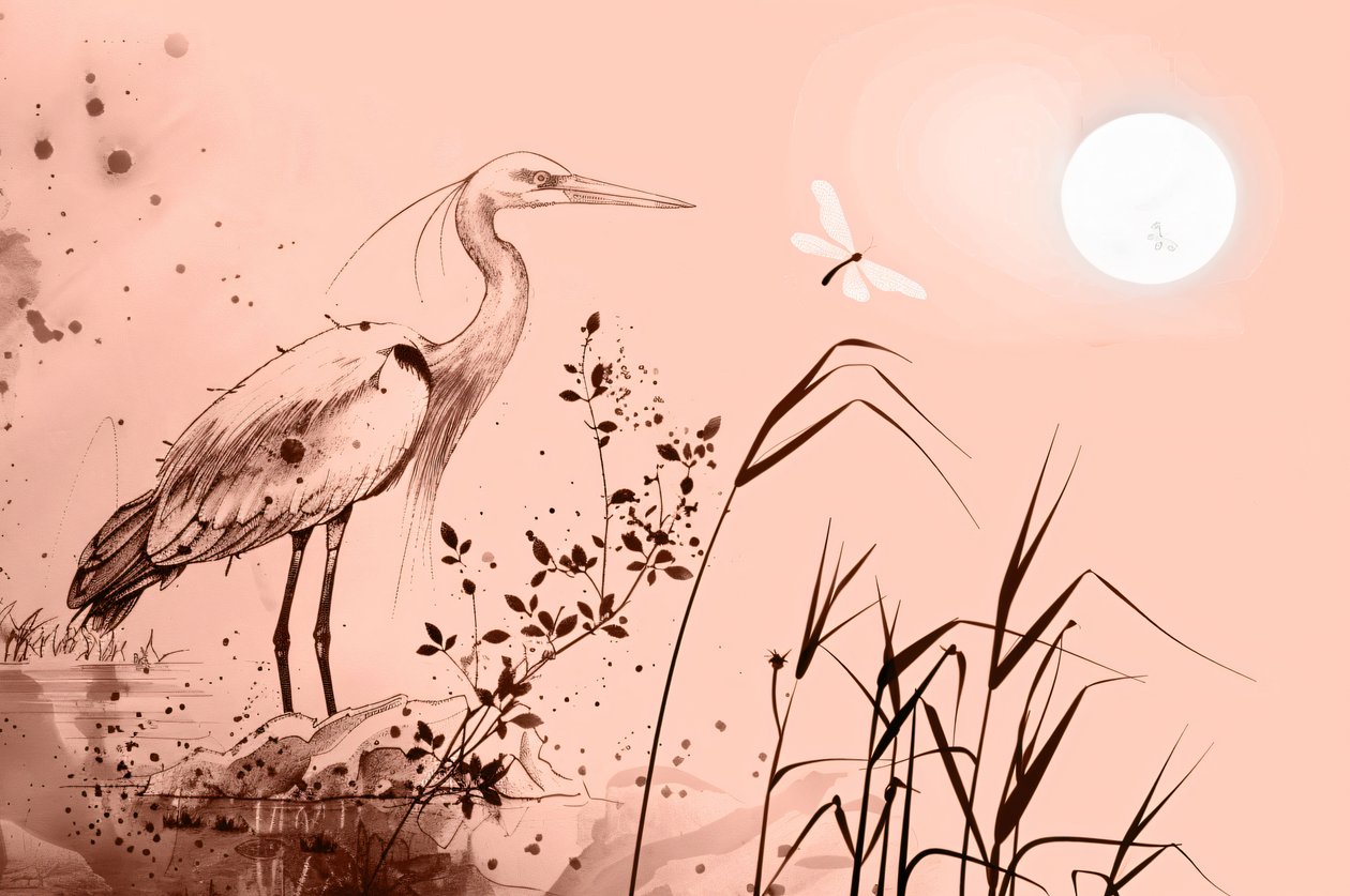 Dibujo en tinta de una garza de pie sobre las rocas cerca del agua, decoración de pared para dormitorio de F. Abderrahim