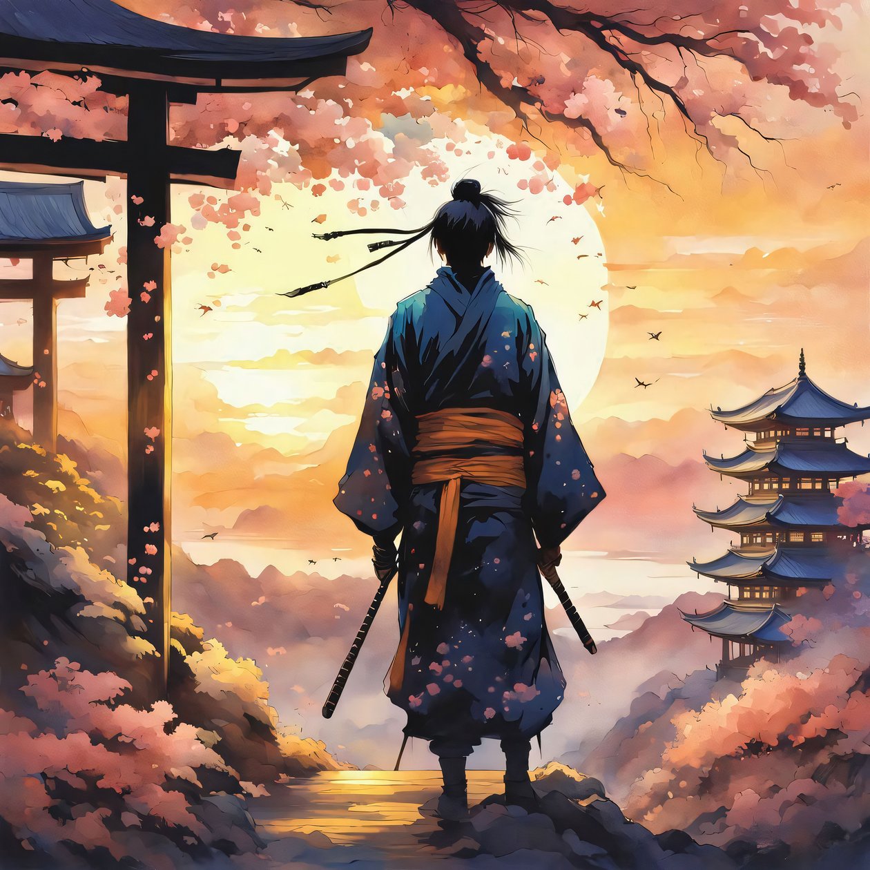 Samurai japonés, en un templo en una montaña, colores rosa, Impresiones en lienzo personalizadas de F. Abderrahim