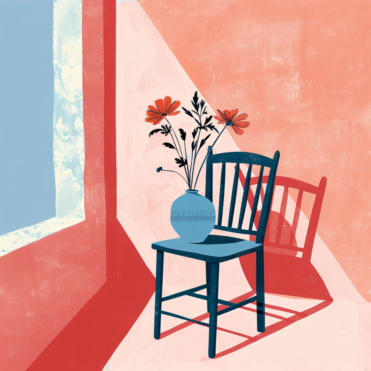planta, silla y jarrón de cerámica, estilo bohemio, decoración de pared moderna | impresión bajo demanda de F. Abderrahim