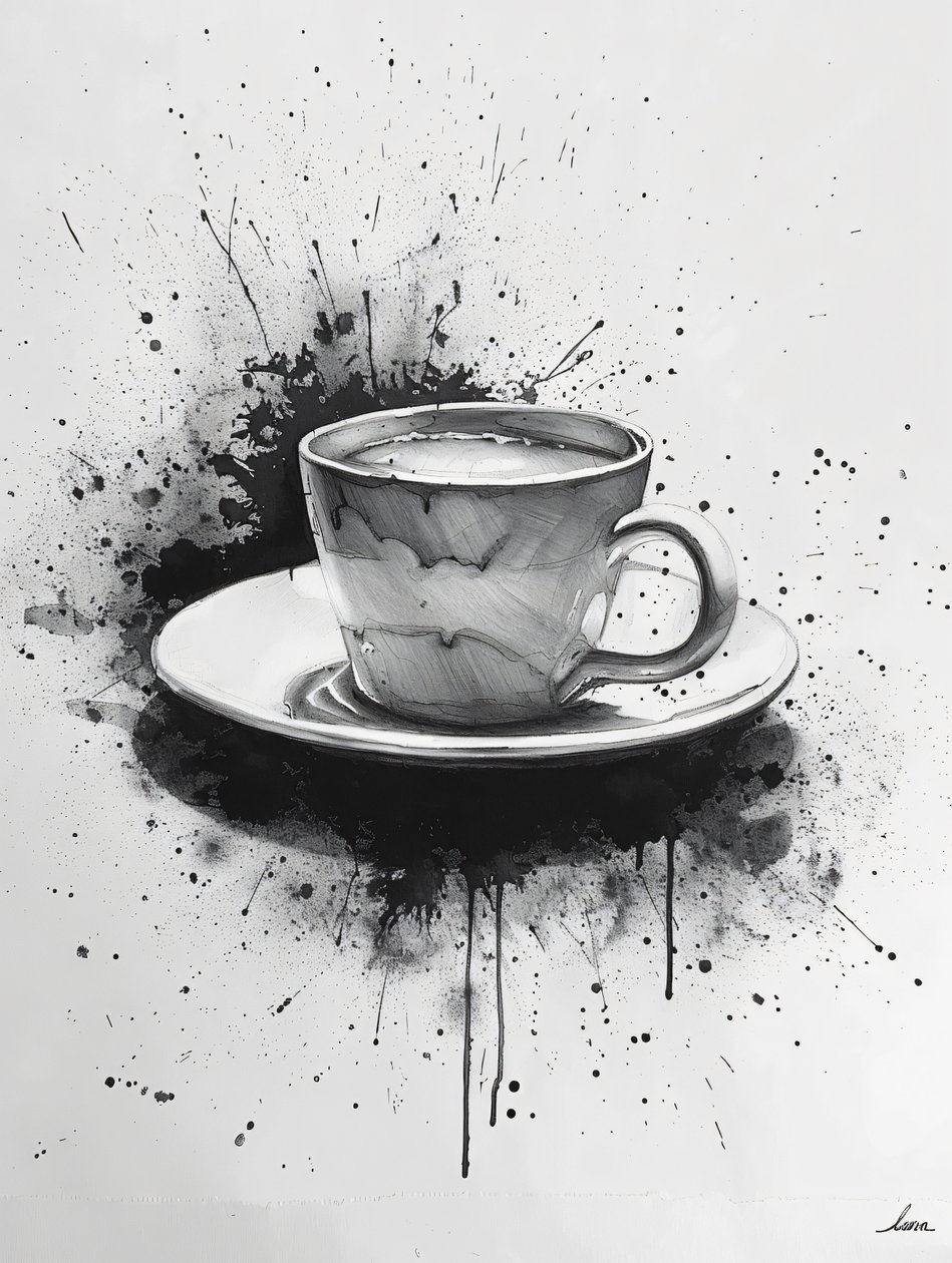 Escena Noir minimalista de una sola línea con toques de café, impresiones artísticas en línea de F. Abderrahim