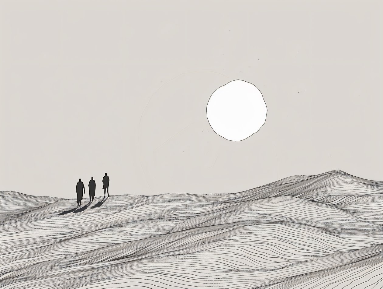 Dibujo minimalista, Hombres caminando en una procesión del sol del desierto, impresiones artísticas en línea de F. Abderrahim