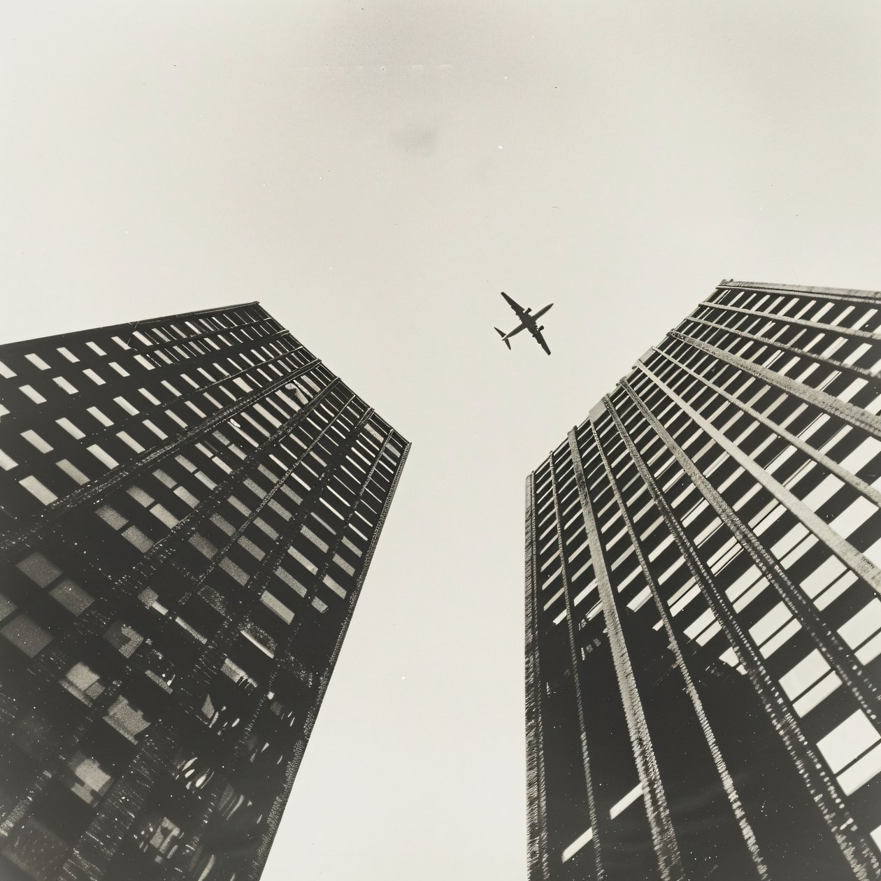 Avión volando a través de dos torres, la fotografía con y negro, impresiones de arte de la pared en la demanda de F. Abderrahim