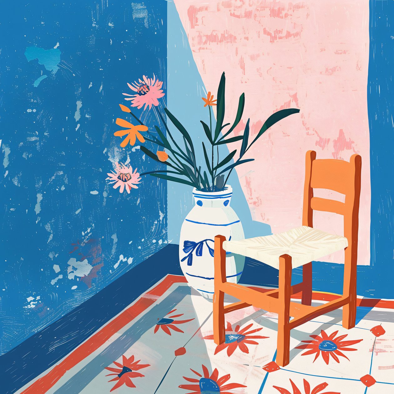 Plantas y silla mexicana con jarrón de cerámica, Impresiones en lienzo minimalistas de F. Abderrahim