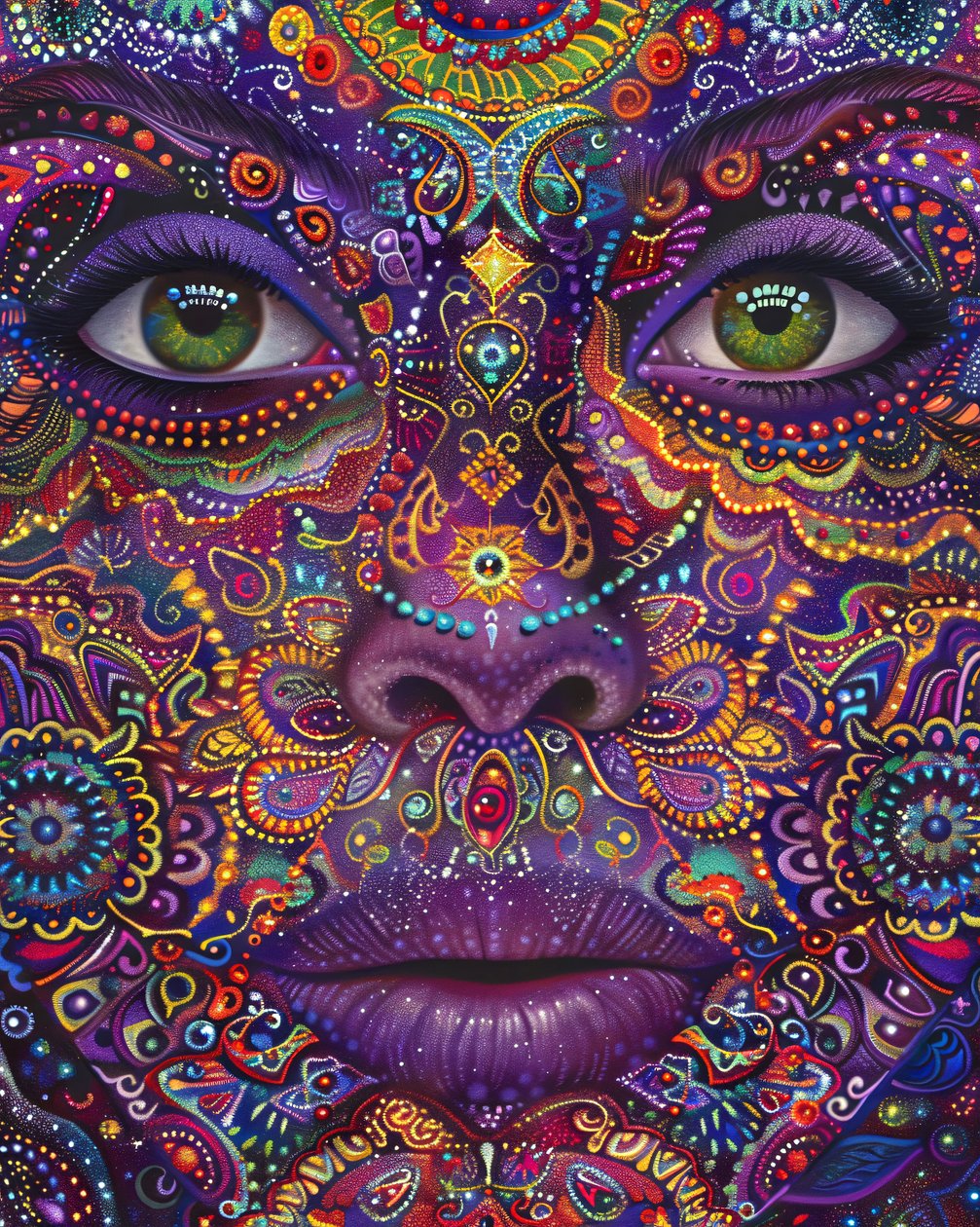 Mujer Psicodélica con Rostro Colorido Patrones Espirituales y Mandala, impresiones en lienzo de F. Abderrahim
