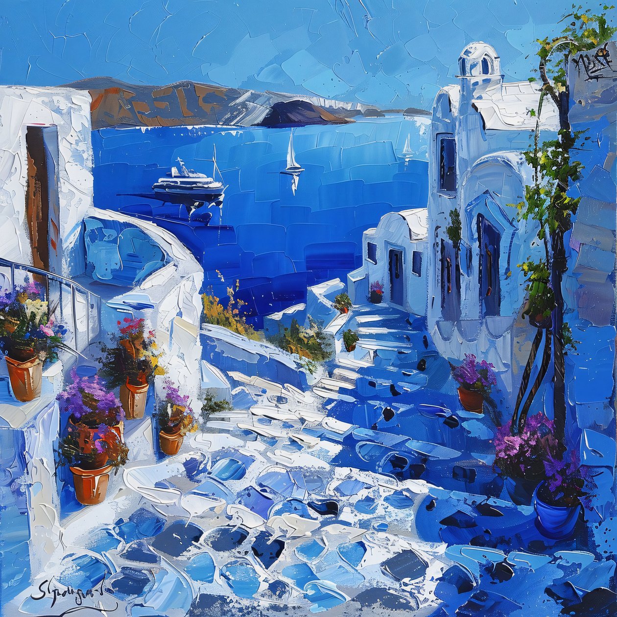 Santorini con hermosas farolas, impresiones murales en lienzo y bastidor de F. Abderrahim