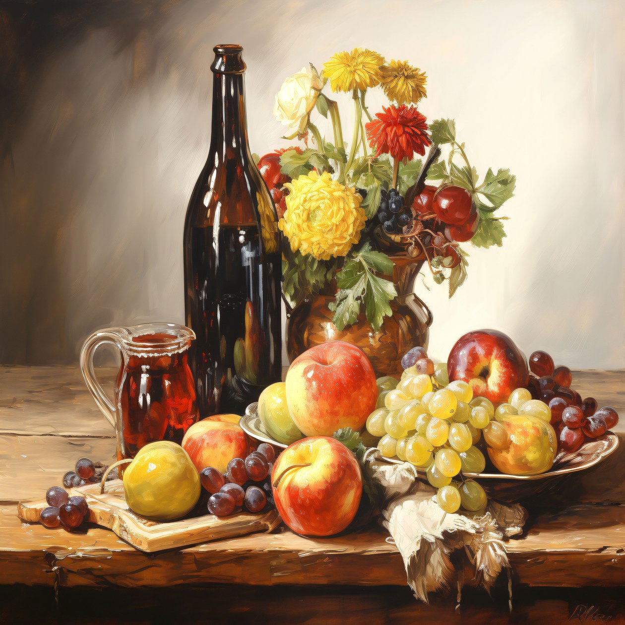 Bodegón, flores, frutas y vino, pared Decoración del hogar impresiones de F. Abderrahim