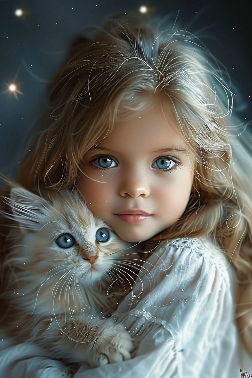 The Girl and Her Cat A Bond of Big Blue Eyes and Love (La chica y su gato: un lazo de amor y grandes ojos azules), impresiones de decoración de pared con marco de F. Abderrahim
