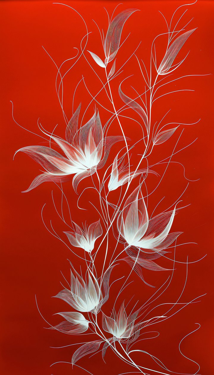 Línea blanca de plantas y flores sobre un fondo rojo vivo, decoración de pared de F. Abderrahim