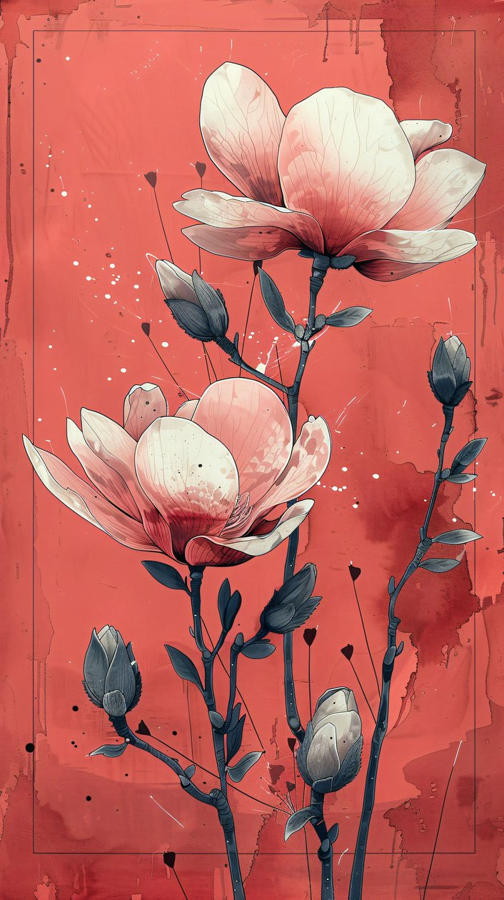 Rosas blancas con fondo rojo en la pintura simple, arte de la pared | impresión bajo demanda de F. Abderrahim