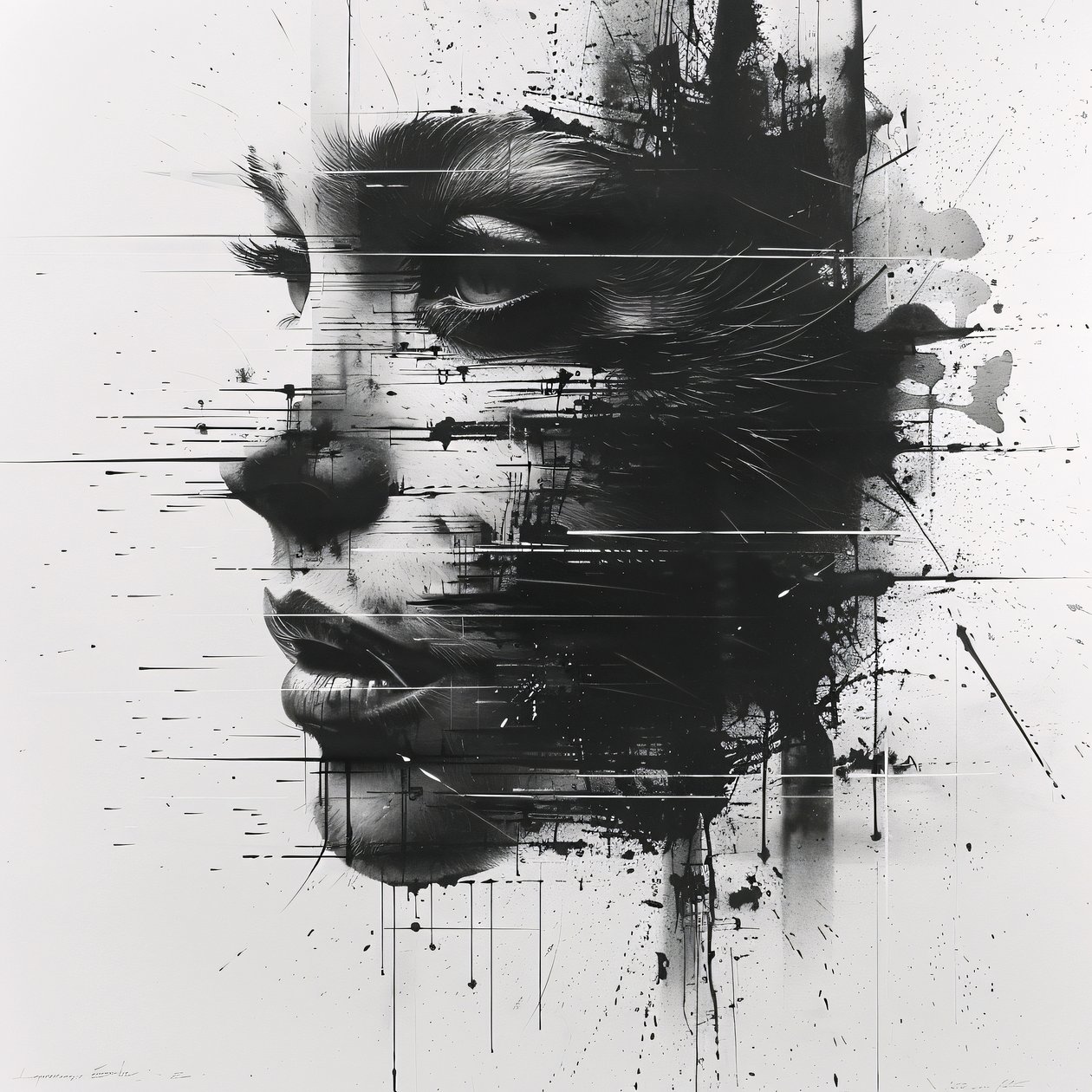 Retrato ampliado del boceto de la cara de una mujer minimalista en blanco y negro de F. Abderrahim