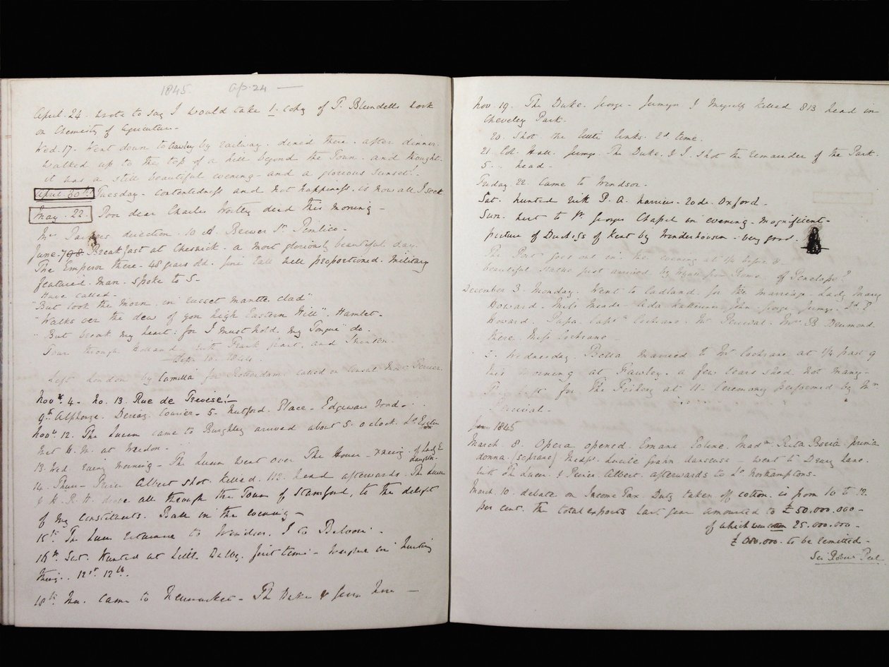 Extracto del diario del Marqués de Granby, 24 de abril de 1845 de Charles Manners, 6th Duke of Rutland