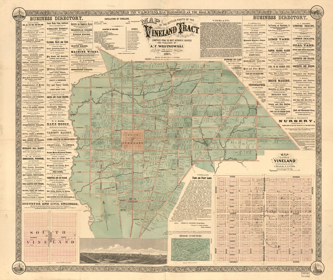 Muestra parcelas de bienes raíces y nombres de propietarios. Cubre la ciudad de Vineland y el municipio de Landis de A. F. Wrotnowski