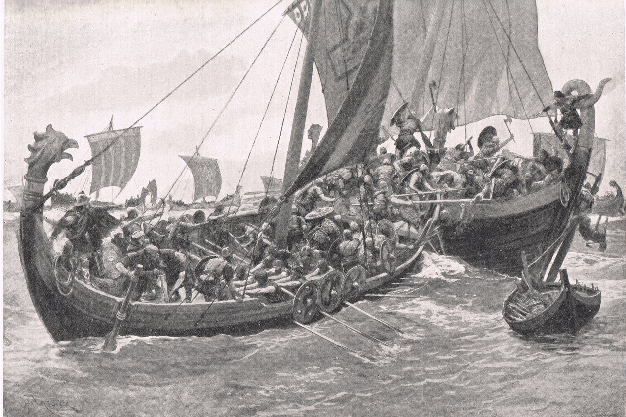 La primera batalla naval de Gran Bretaña, ilustración de Batallas Británicas en Tierra y Mar, publicada por Cassell, Londres, c.1910 de A. Forrestier