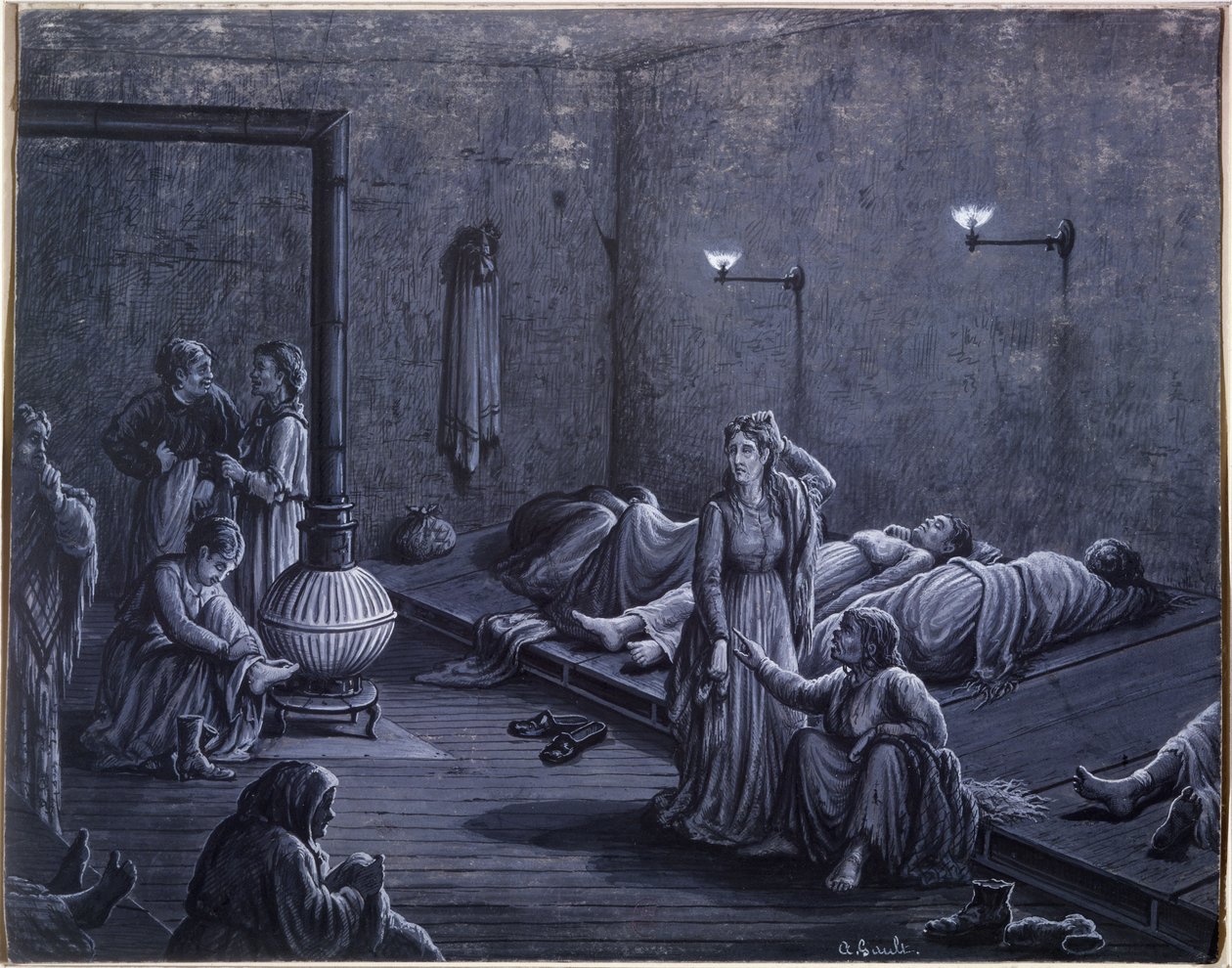 Interior de un refugio nocturno para mujeres pobres, 1850-60 de A. Gault