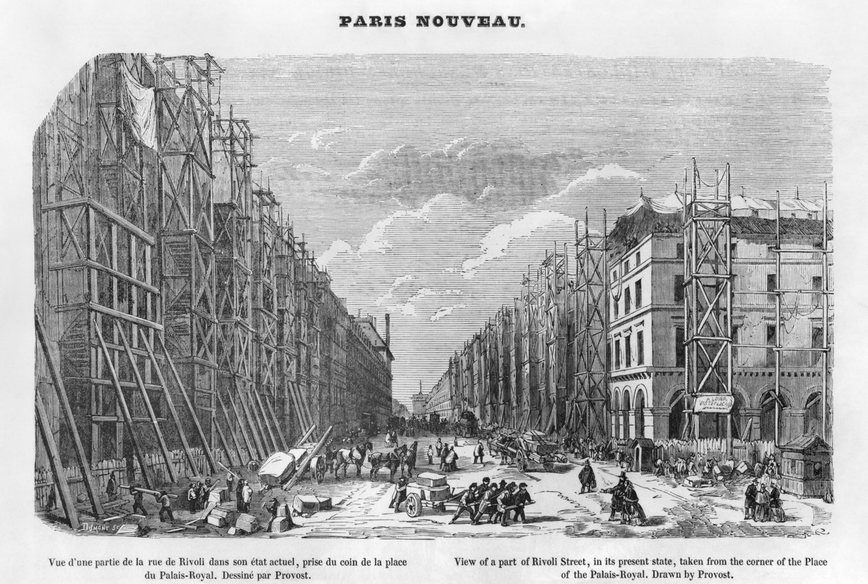Nuevo París, vista de una parte de la calle Rivoli, en su estado actual, tomada desde la esquina de la Plaza del Palais-Royal, 1877 de A Provost