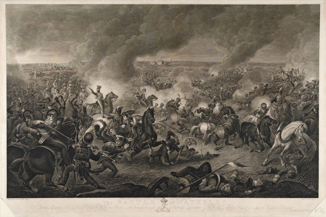 El período es hacia el final del día..., Batalla de Waterloo, 18 de junio de 1815, grabado por H. R. Cook, publicado por T. Clay y R. Lambe, junio de 1819 de A. Sauerweld