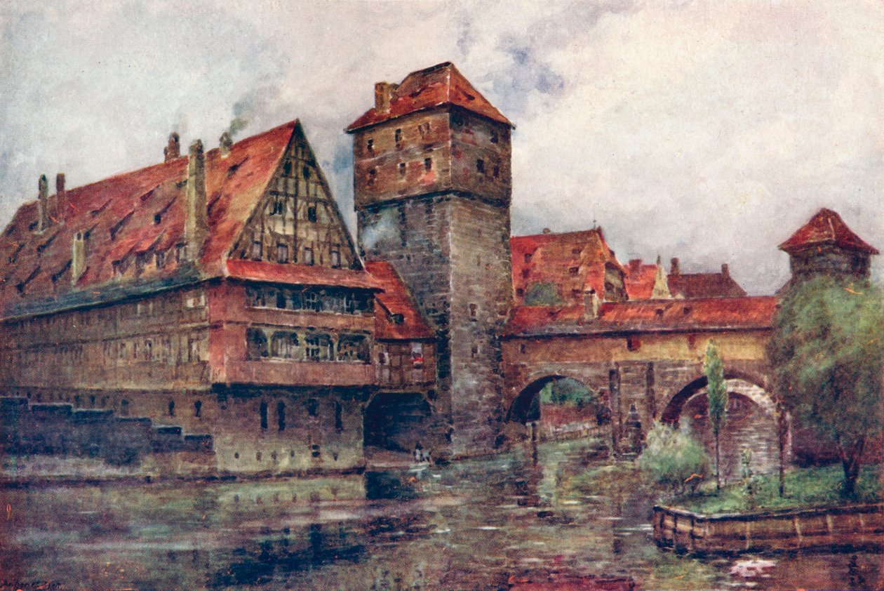 El Henkersteg, con la Wasserturm, Núremberg, Alemania, c. 1905 de AG Bell