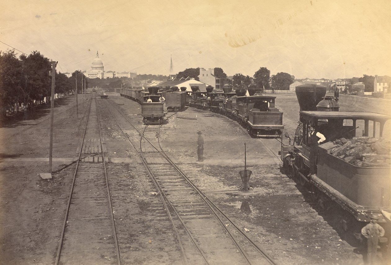No. 189. Maryland Avenue Depot, Washington, D.C., con motores enviados desde Alexandria por seguridad. de A.J. Russell
