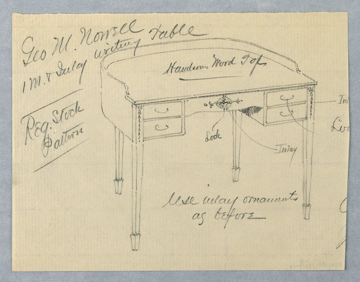 Diseño para mesa de escritura con incrustaciones de caoba para George M. Nowell de A.N. Davenport Co.