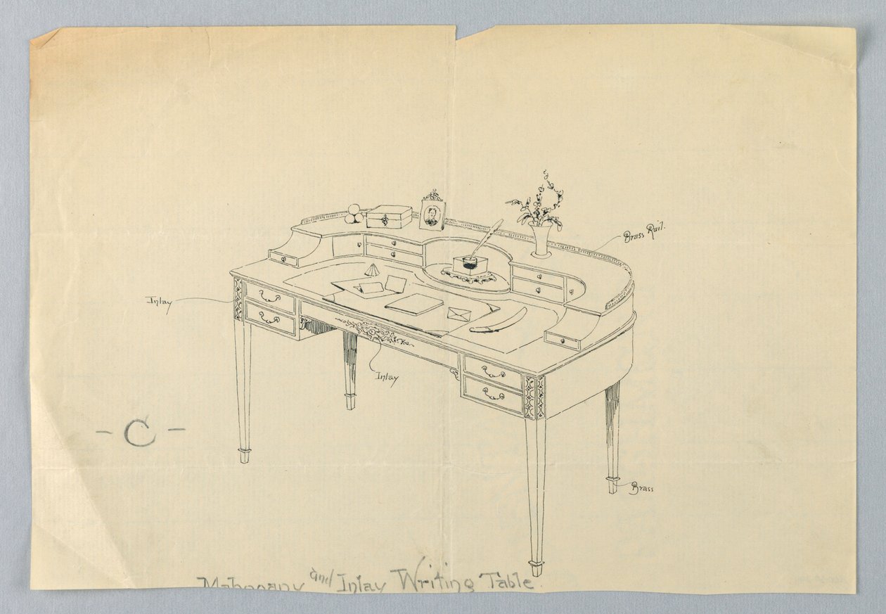 Diseño para mesa de escritura semicircular "C" con patas de latón y barandilla de latón de A.N. Davenport Co.