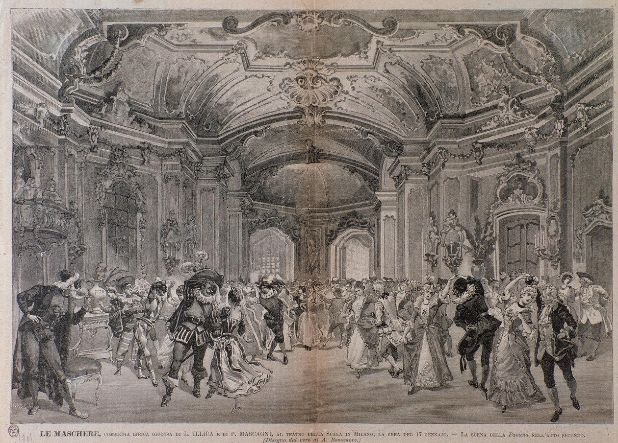 Ilustraciones para la ópera Le Maschere de Pietro Mascagni para la representación en el teatro alla Scala en Milán de A. (after) Bonamore
