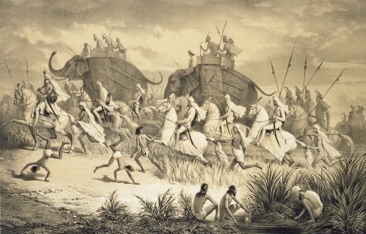 Cabalgata de caciques sijs en elefantes, de "Viaje a la India", grabado por Louis Henri de Rudder (1807-81) publicado en Londres de A. (after) Soltykoff