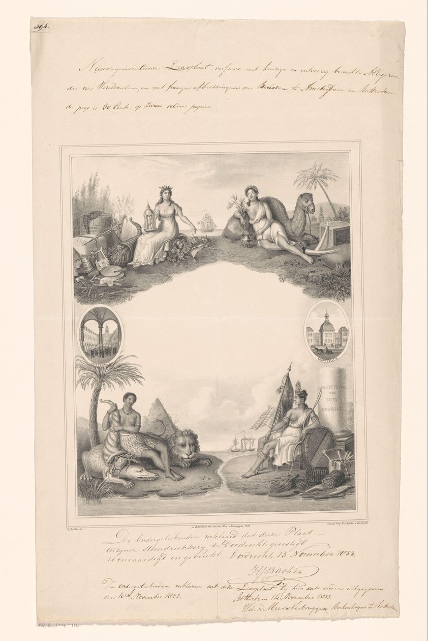 Diseño de portada con personificaciones de cuatro continentes de A. Bakker