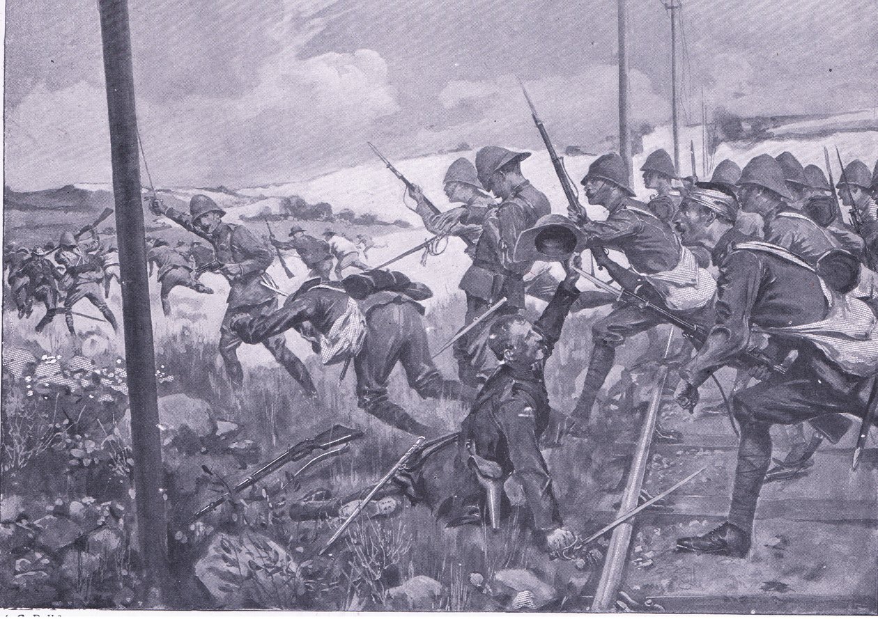 Carga de los fusileros escoceses en Frederikstad (ilustración de After Pretoria: The Guerilla War, 1902) de A. C. Ball