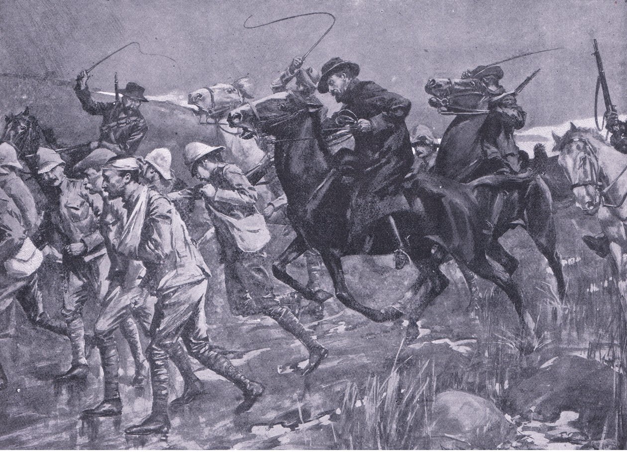 El trato de De Wet a los prisioneros de guerra británicos en la marcha (ilustración de After Pretoria: The Guerilla War, 1902) de A. C. Ball