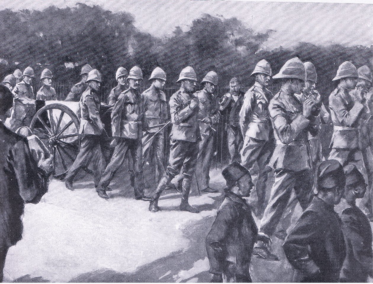 Funeral con honores militares de un prisionero bóer en Simonstown, de Después de Pretoria: La Guerra de Guerrillas publicado por Harmsworth Bros Limited, 1901 de A. C. Ball