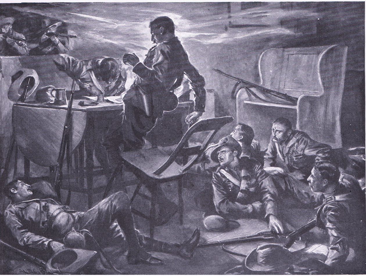 El asesinato de dos hombres de Comptons Horse mientras escribían cartas a casa (ilustración de After Pretoria: The Guerilla War, 1902) de A. C. Ball