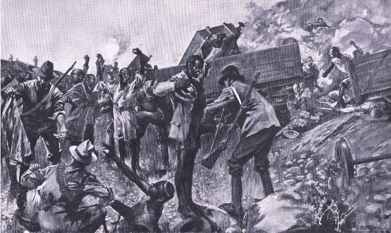 El descarrilamiento del tren cerca de Taaibosch, de Después de Pretoria: La Guerra de Guerrillas publicado por Harmsworth Bros Limited, 1901 de A. C. Ball