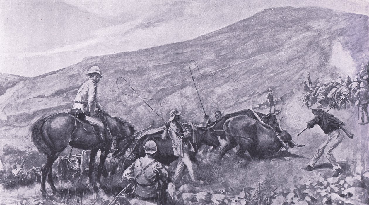 Dificultades de transporte en Barberton: Cómo se subieron los cañones y los carros por las montañas, ilustración de Después de Pretoria: La Guerra de Guerrillas, 1902 de A. C. Ball
