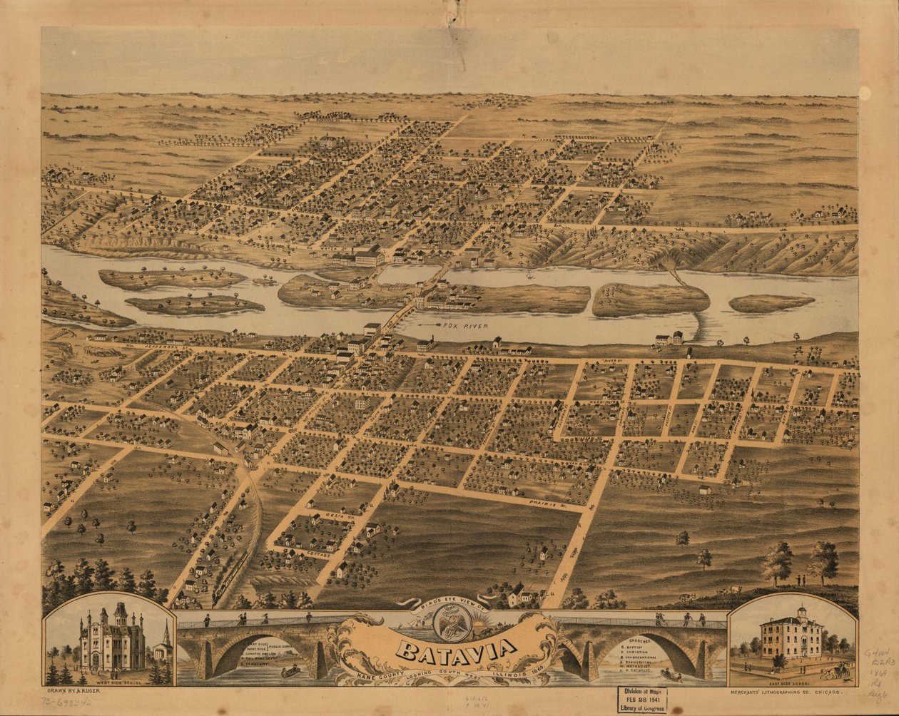 Vista aérea de Batavia, condado de Kane, Illinois, 1869. LOC 73693342 de A.; Chicago Lithographing Co. Ruger