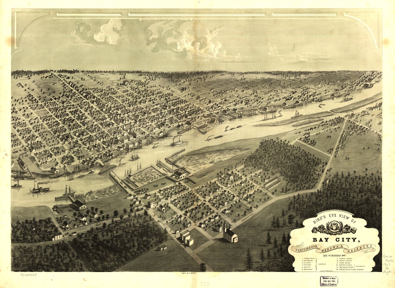 Vista aérea de Bay City, Portsmouth, Wenona y Salzburg, Bay Co., Michigan 1867. LOC 73693424 de A.; Chicago Lithographing Co. Ruger