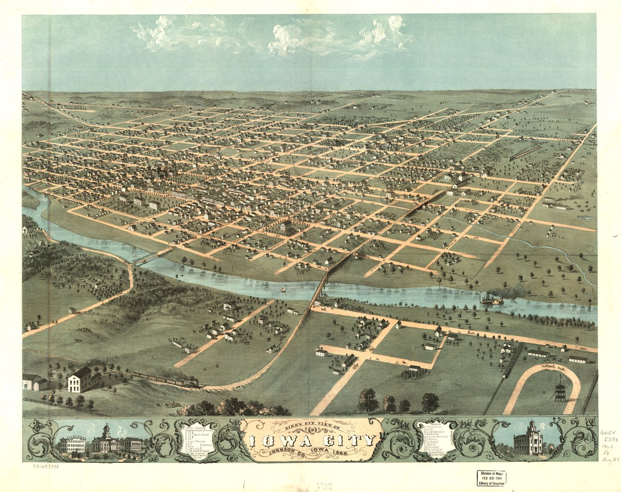 Vista de pájaro de Iowa City, Johnson Co., Iowa 1868. LOC 73693398 de A.; Chicago Lithographing Co. Ruger