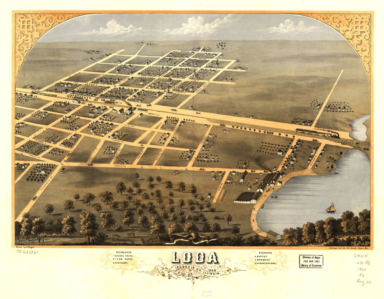 Vista aérea de Loda, Iroquois Co., Illinois 1869. LOC 73693361 de A.; Chicago Lithographing Co. Ruger