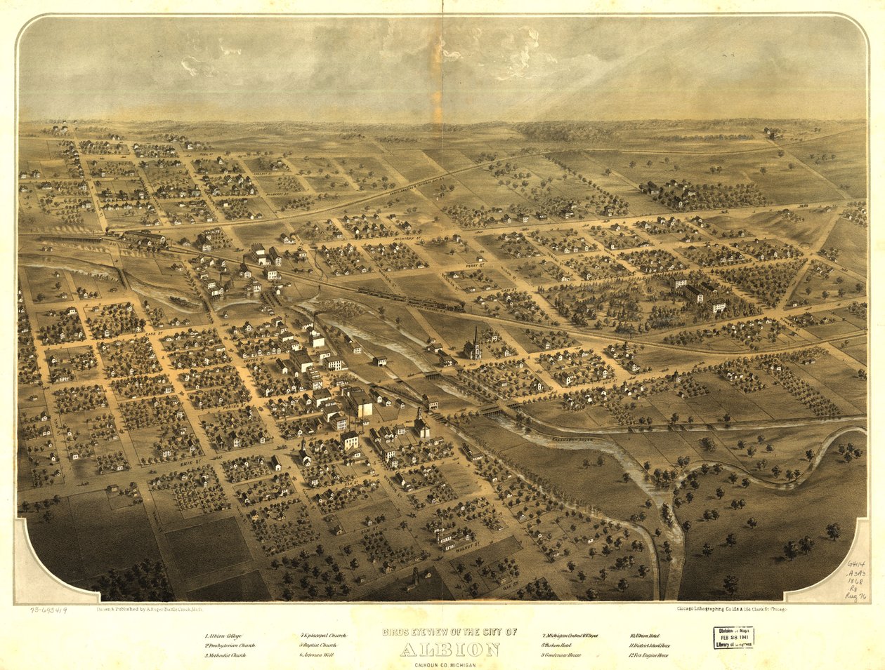 Vista aérea de la ciudad de Albion, condado de Calhoun, Michigan. LOC 73693419 de A.; Chicago Lithographing Co. Ruger