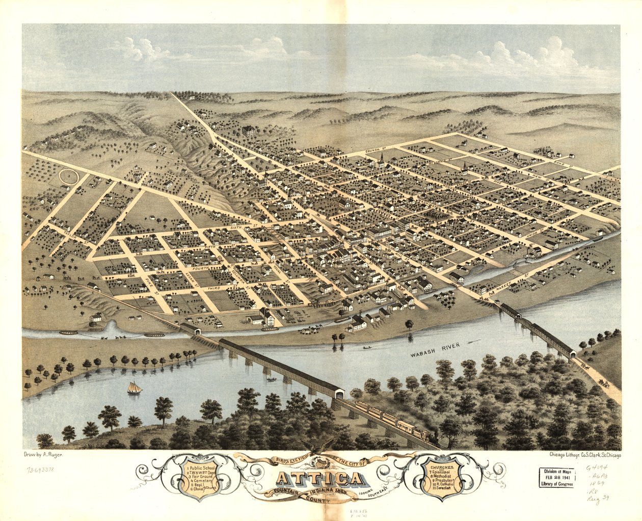 Vista aérea de la ciudad de Attica, condado de Fountain, Indiana 1869. LOC 73693378 de A.; Chicago Lithographing Co. Ruger
