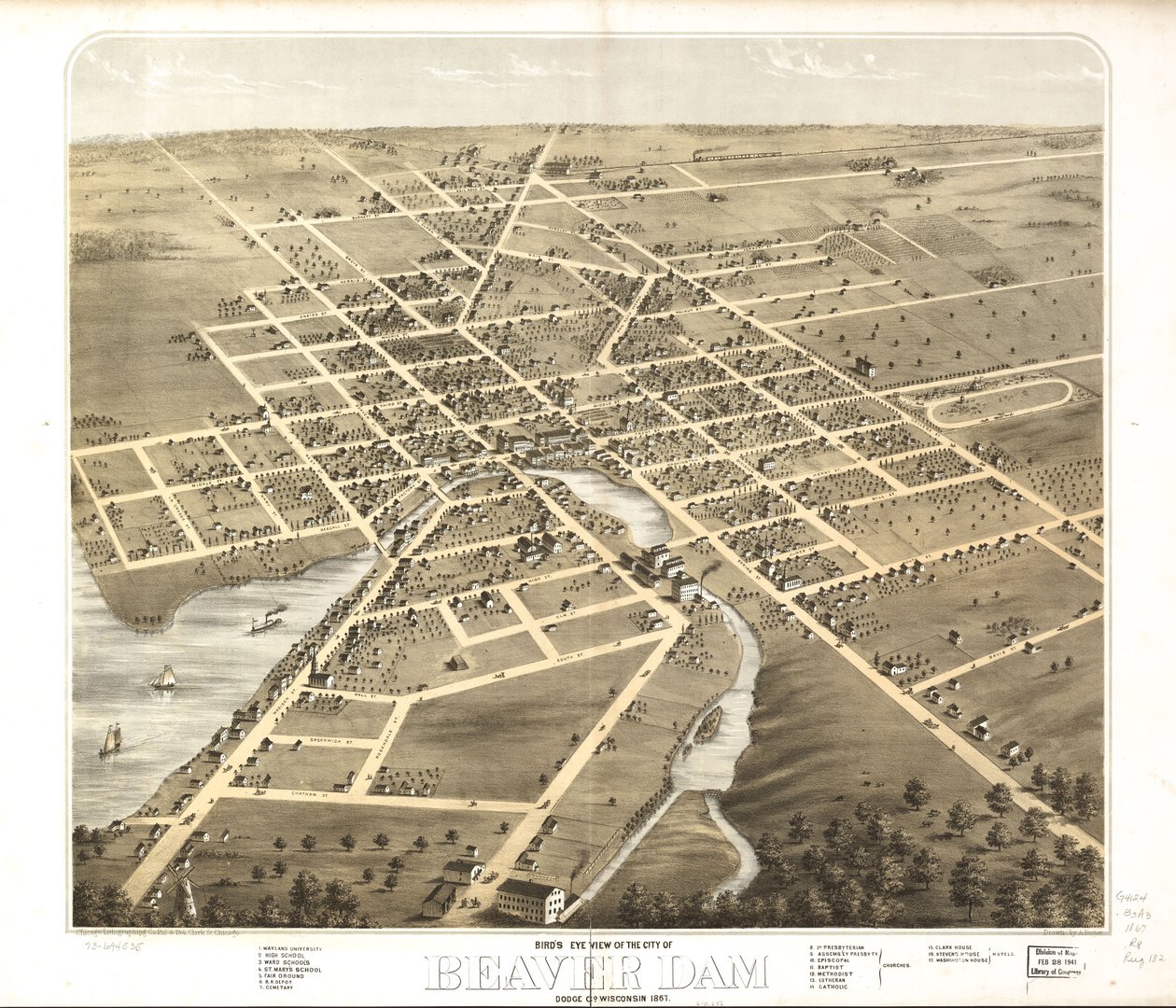 Vista de pájaro de la ciudad de Beaver Dam, Dodge Co., Wisconsin 1867. LOC 73694535 de A.; Chicago Lithographing Co. Ruger