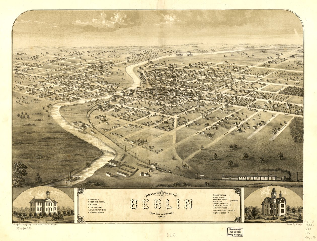Vista aérea de la ciudad de Berlín, Condado de Green Lake, Wisconsin 1867. LOC 73694536 de A.; Chicago Lithographing Co. Ruger
