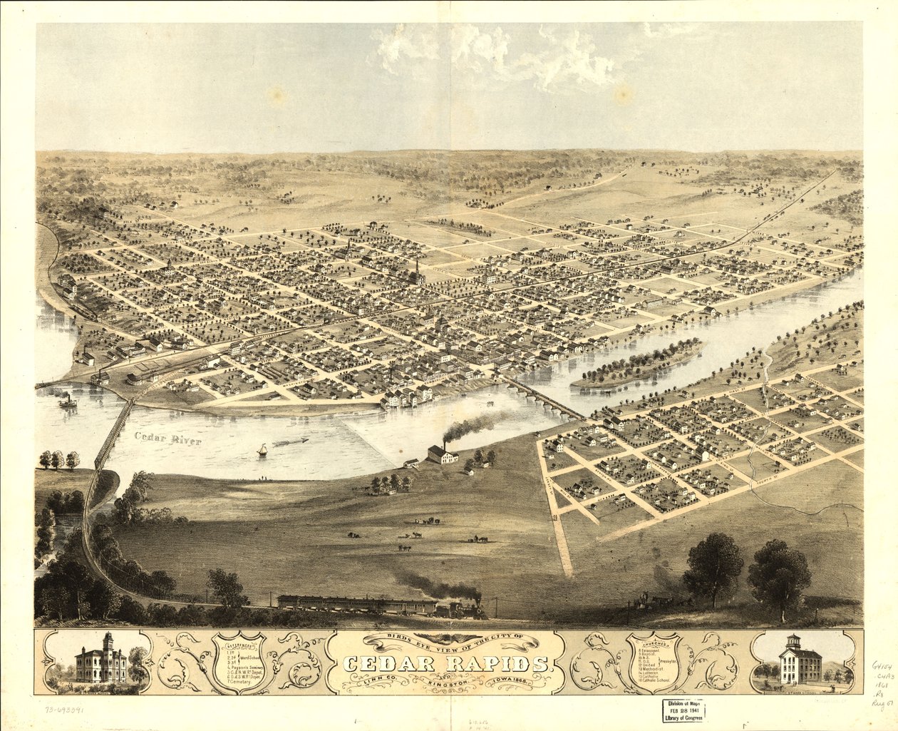 Vista aérea de la ciudad de Cedar Rapids y Kingston, condado de Linn, Iowa 1868. LOC 73693391 de A.; Chicago Lithographing Co. Ruger