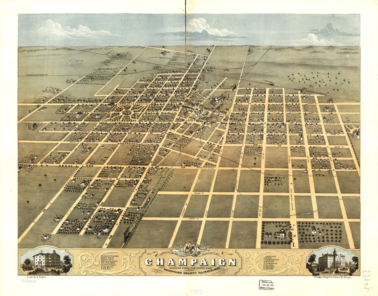 Vista aérea de la ciudad de Champaign, condado de Champaign, Illinois 1869. LOC 73693348 de A.; Chicago Lithographing Co. Ruger