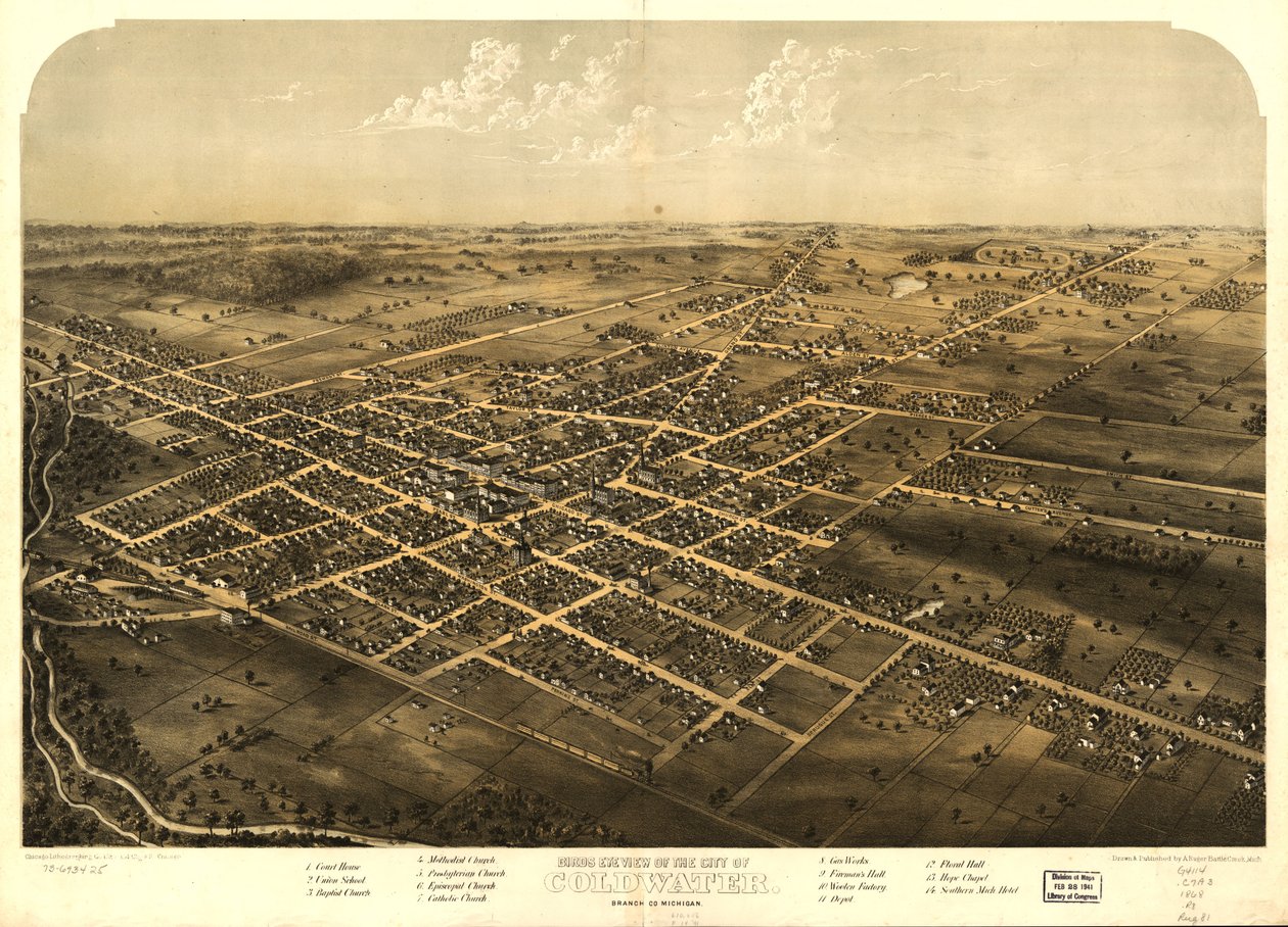 Vista aérea de la ciudad de Coldwater, condado de Branch, Michigan. LOC 73693425 de A.; Chicago Lithographing Co. Ruger