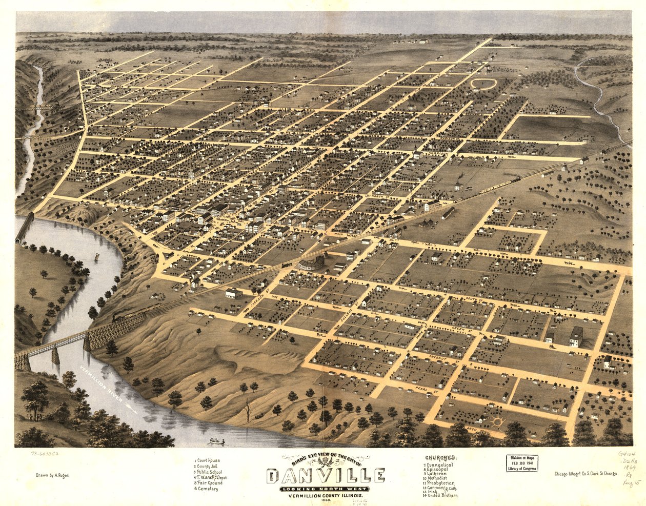 Vista aérea de la ciudad de Danville, condado de Vermillion, Illinois 1869. LOC 73693353 de A.; Chicago Lithographing Co. Ruger