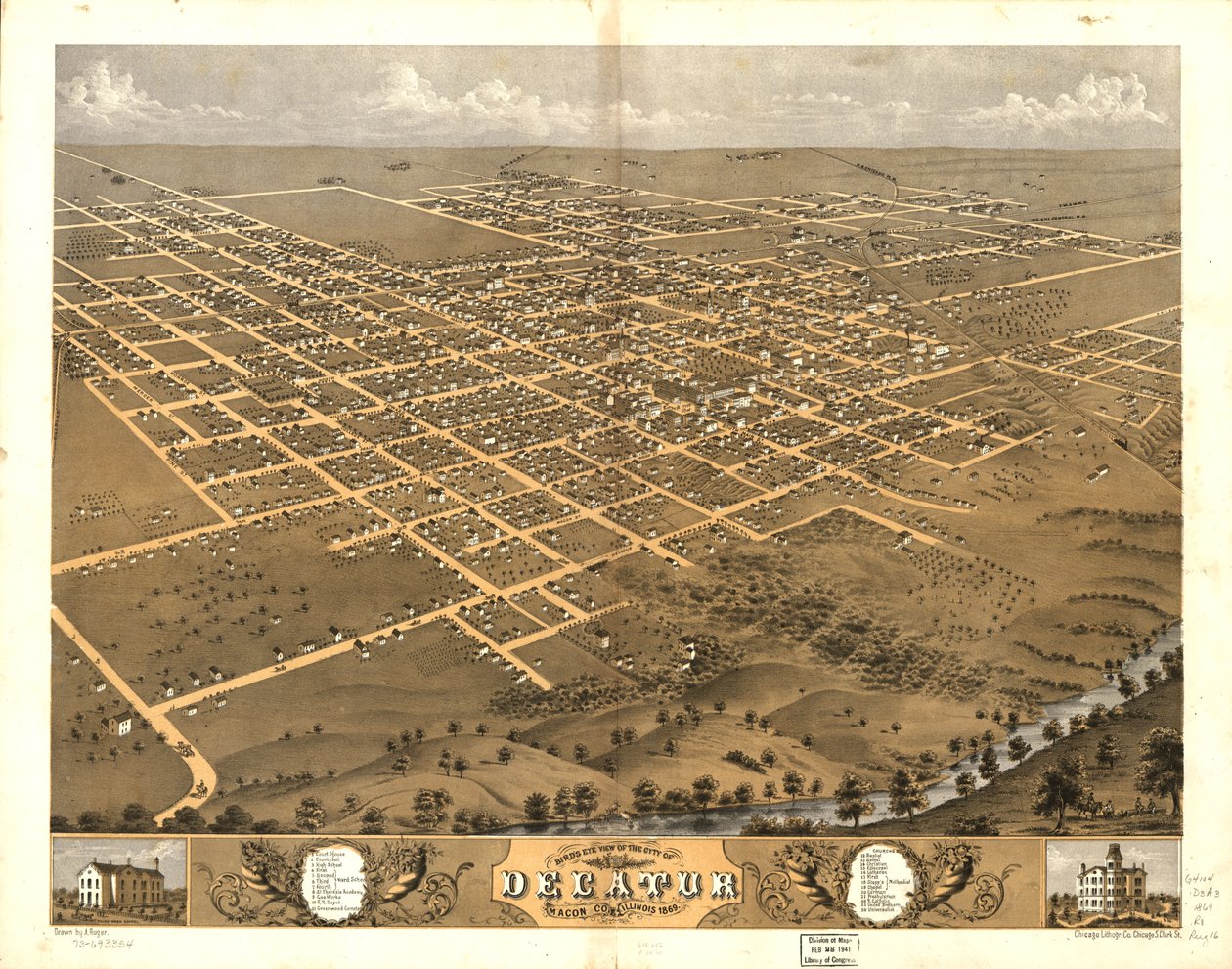 Vista aérea de la ciudad de Decatur, condado de Macon, Illinois 1869. LOC 73693354 de A.; Chicago Lithographing Co. Ruger