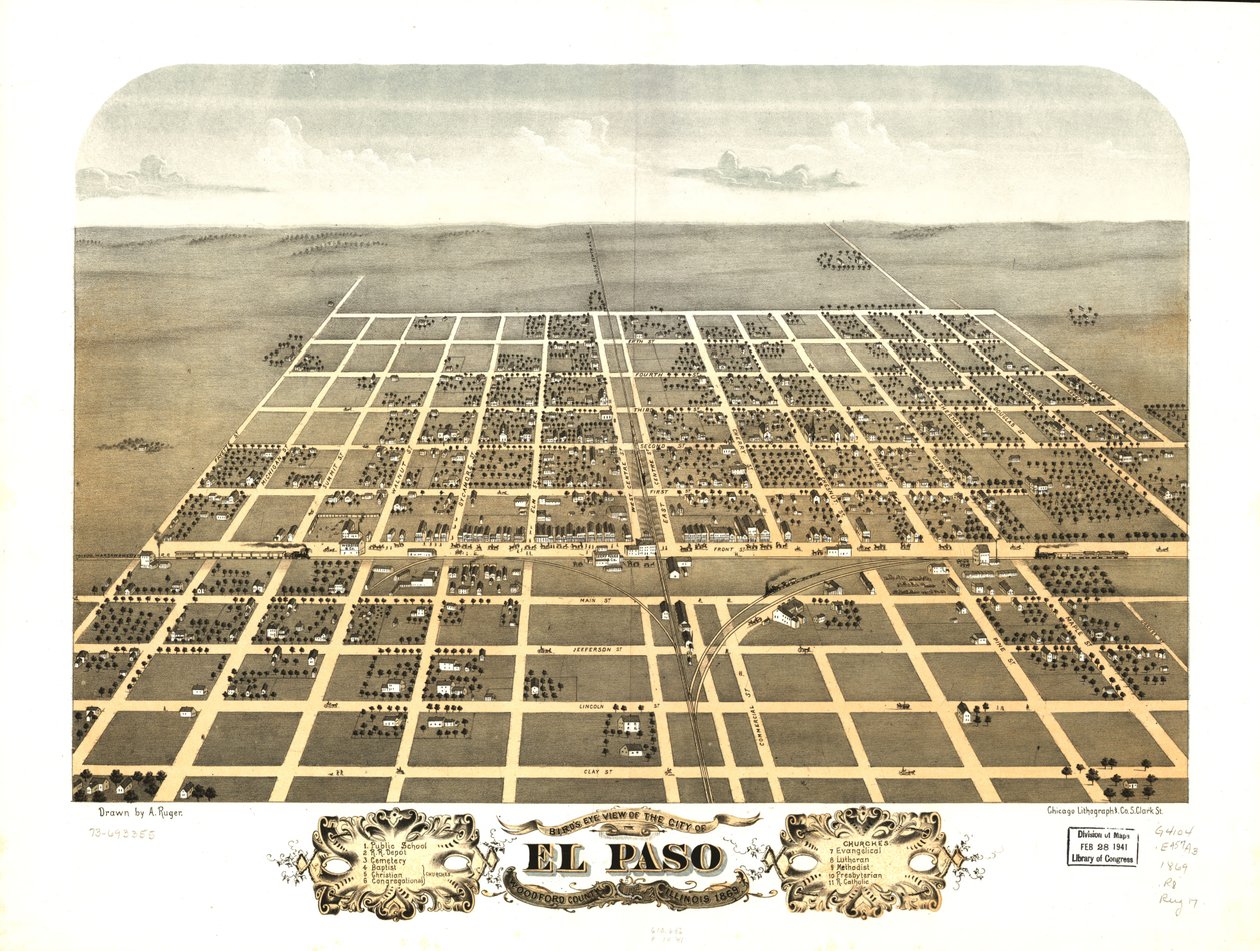Vista aérea de la ciudad de El Paso, condado de Woodford, Illinois 1869. LOC 73693355 de A.; Chicago Lithographing Co. Ruger