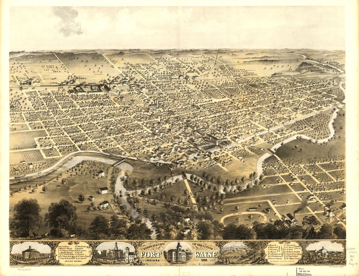 Vista aérea de la ciudad de Fort Wayne, Indiana 1868. LOC 73693381 de A.; Chicago Lithographing Co. Ruger