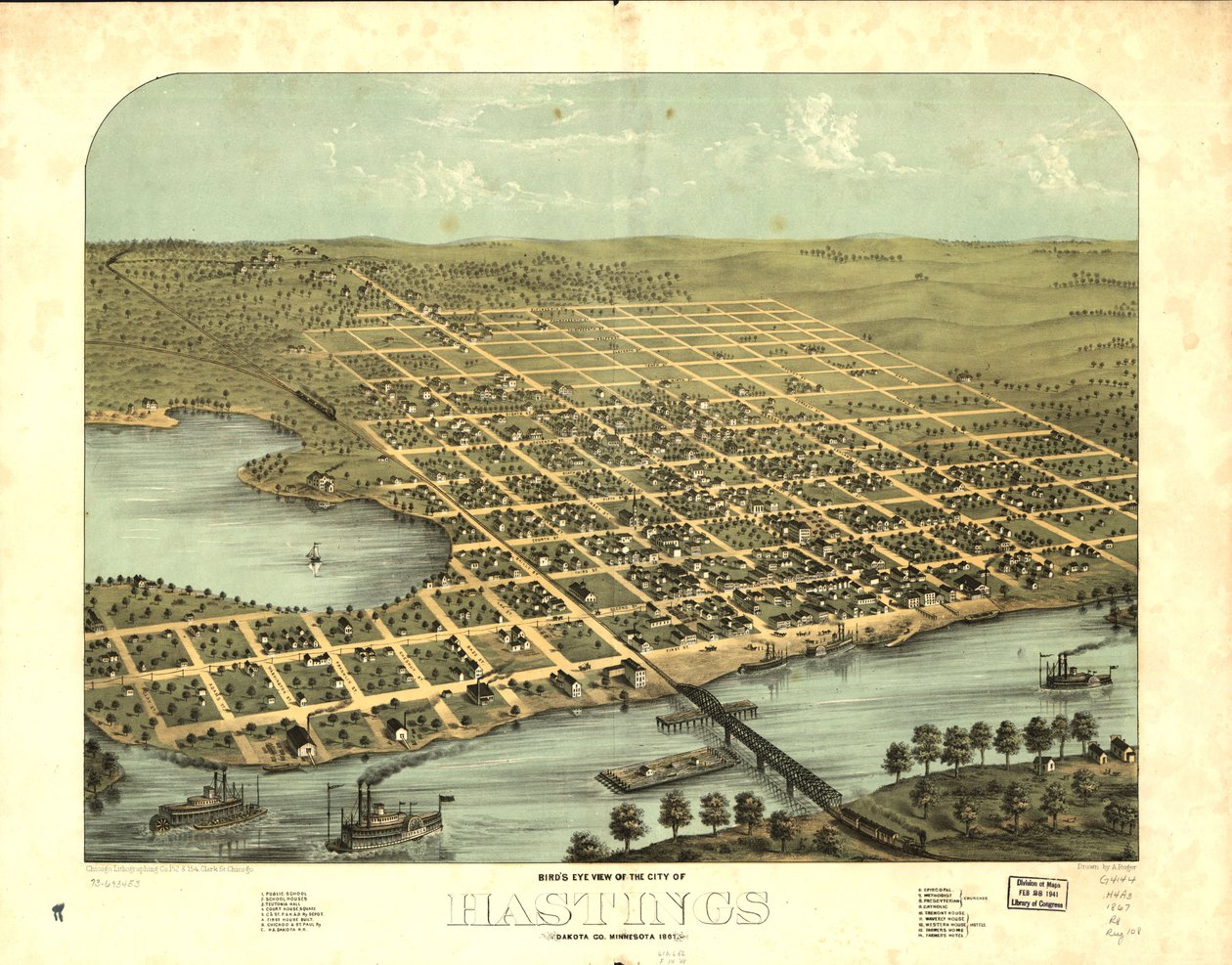 Vista aérea de la ciudad de Hastings, Dakota Co., Minnesota 1867. LOC 73693453 de A.; Chicago Lithographing Co. Ruger